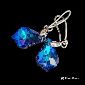 Faceted Teardrop Swarovski Bermuda Blue Crystal Drop Earrings NWT